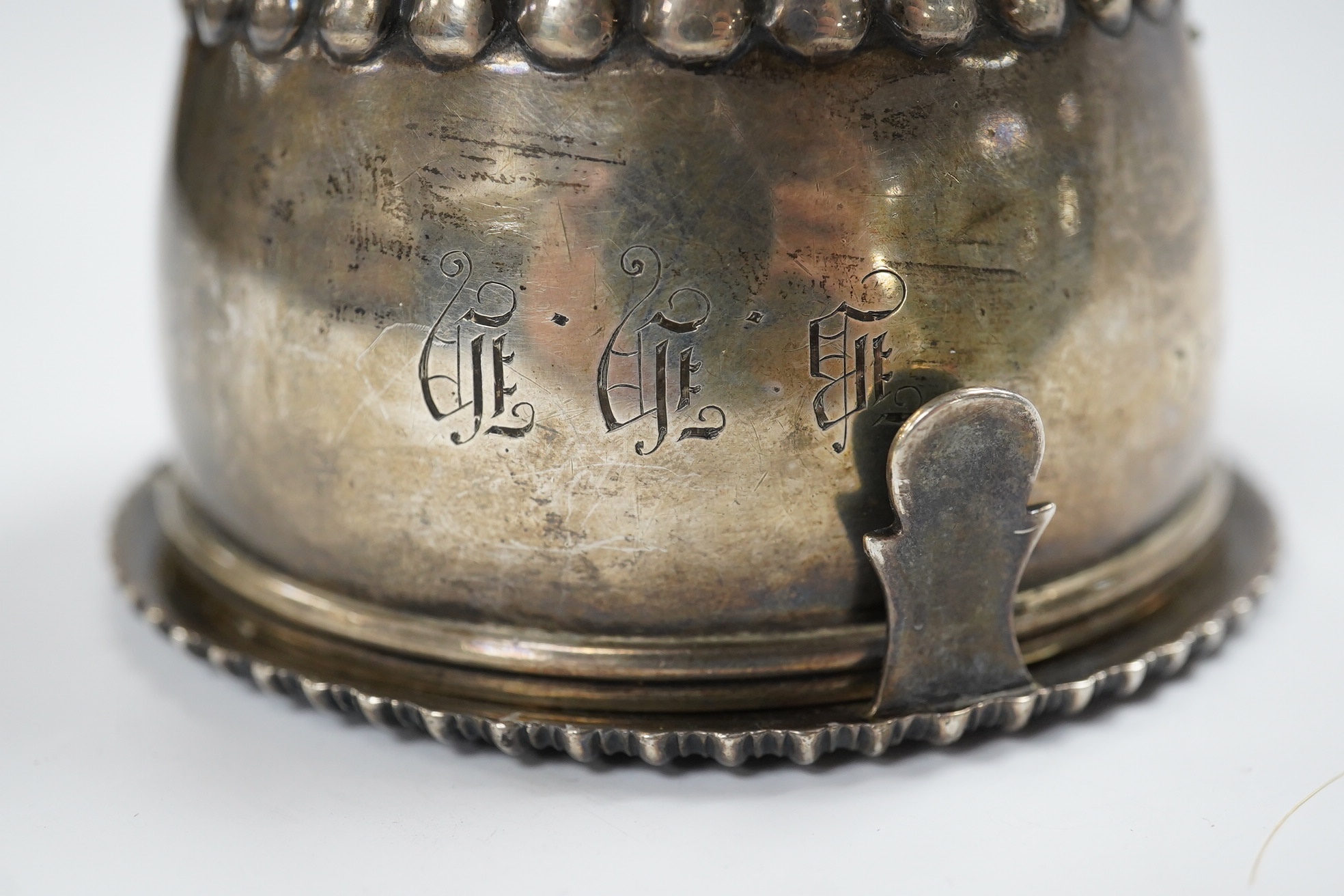 A late George III silver wine funnel, London, 1818, 14.3cm, repaired. Condition - poor